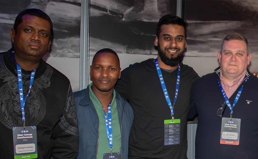TBA clients (left to right), Dhesigen Moodley and Denzel Govender of South African Bulk Terminals; Sandile Sishi of Bulk Connections; and TBA Doncaster’s Business Solution Manager, Glynn Thomas.