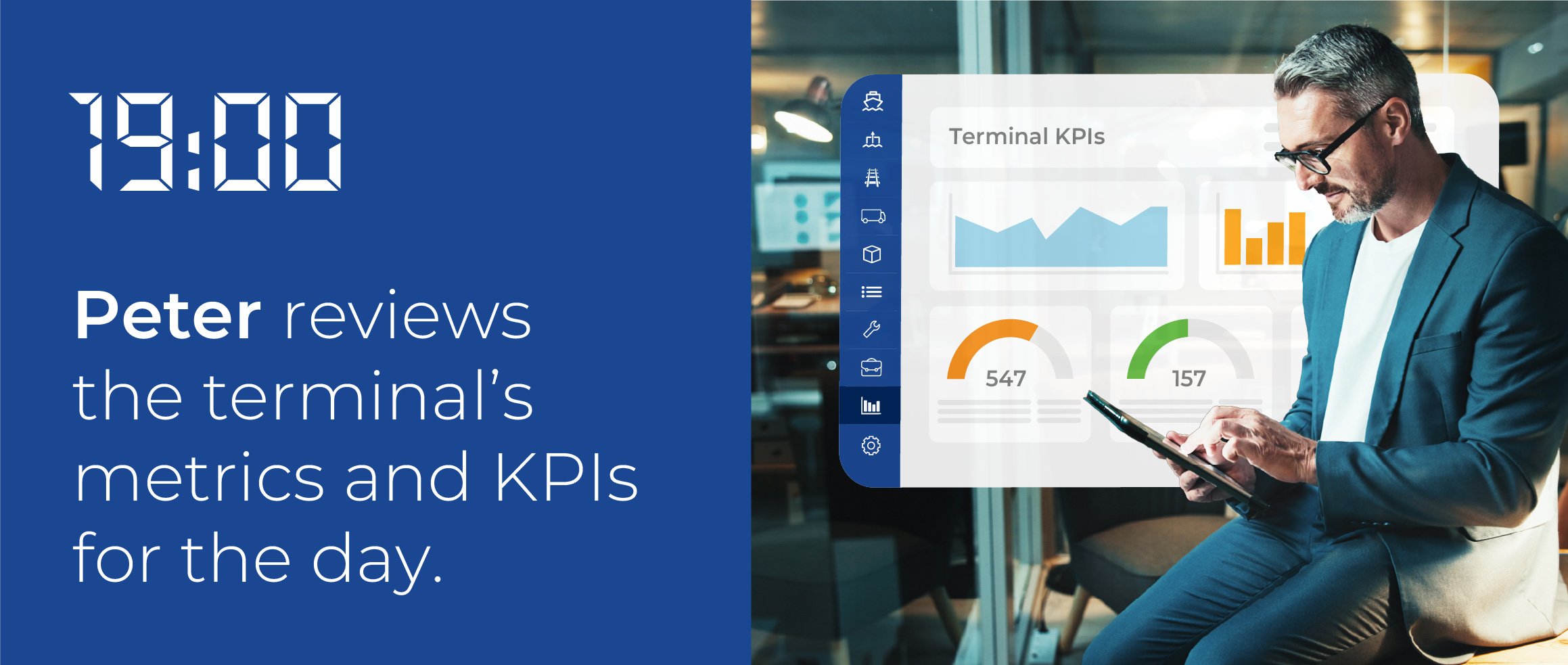 19:00 - Peter reviews the terminal's metrics and KPIs for the day